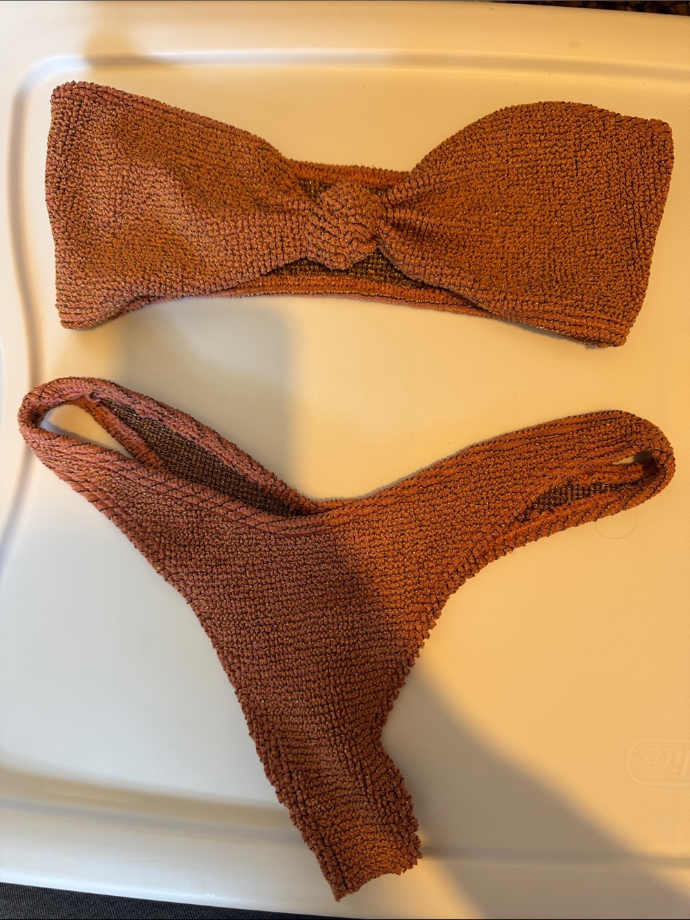 bond-eye Rust Textured Bandeau Bikini in Terracotta